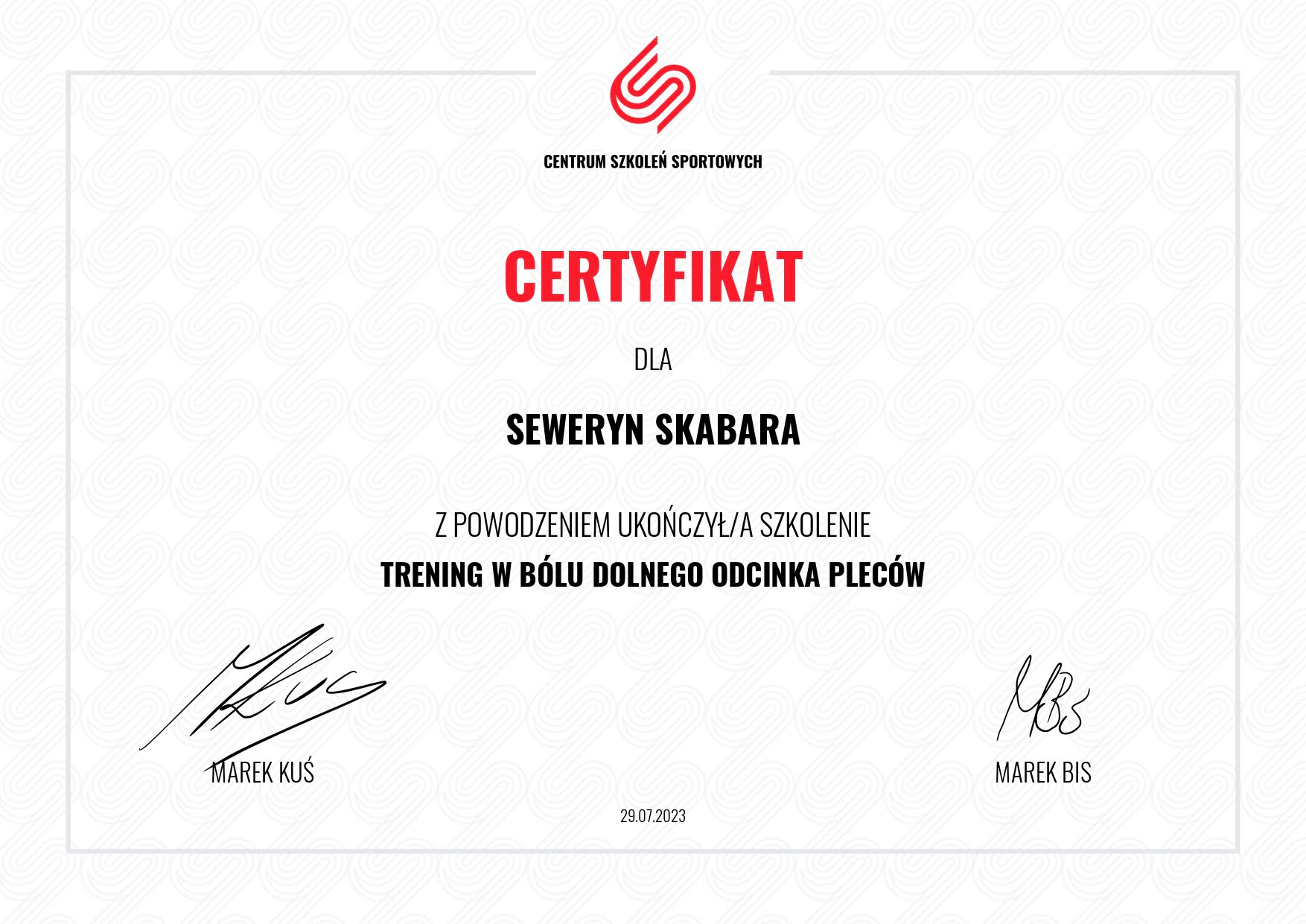 Certyfikat trening w bólu pleców