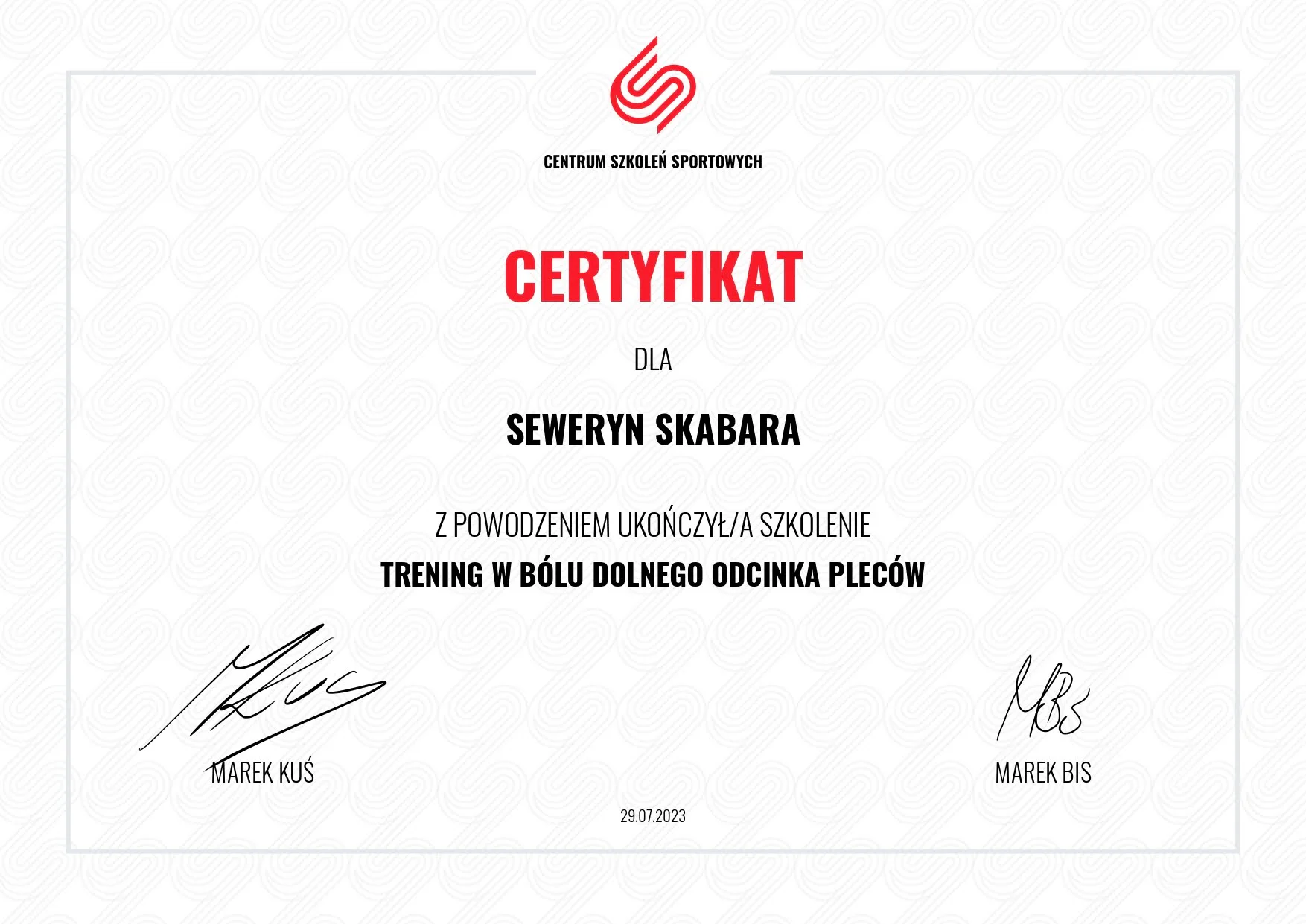 Certyfikat trening w bólu pleców